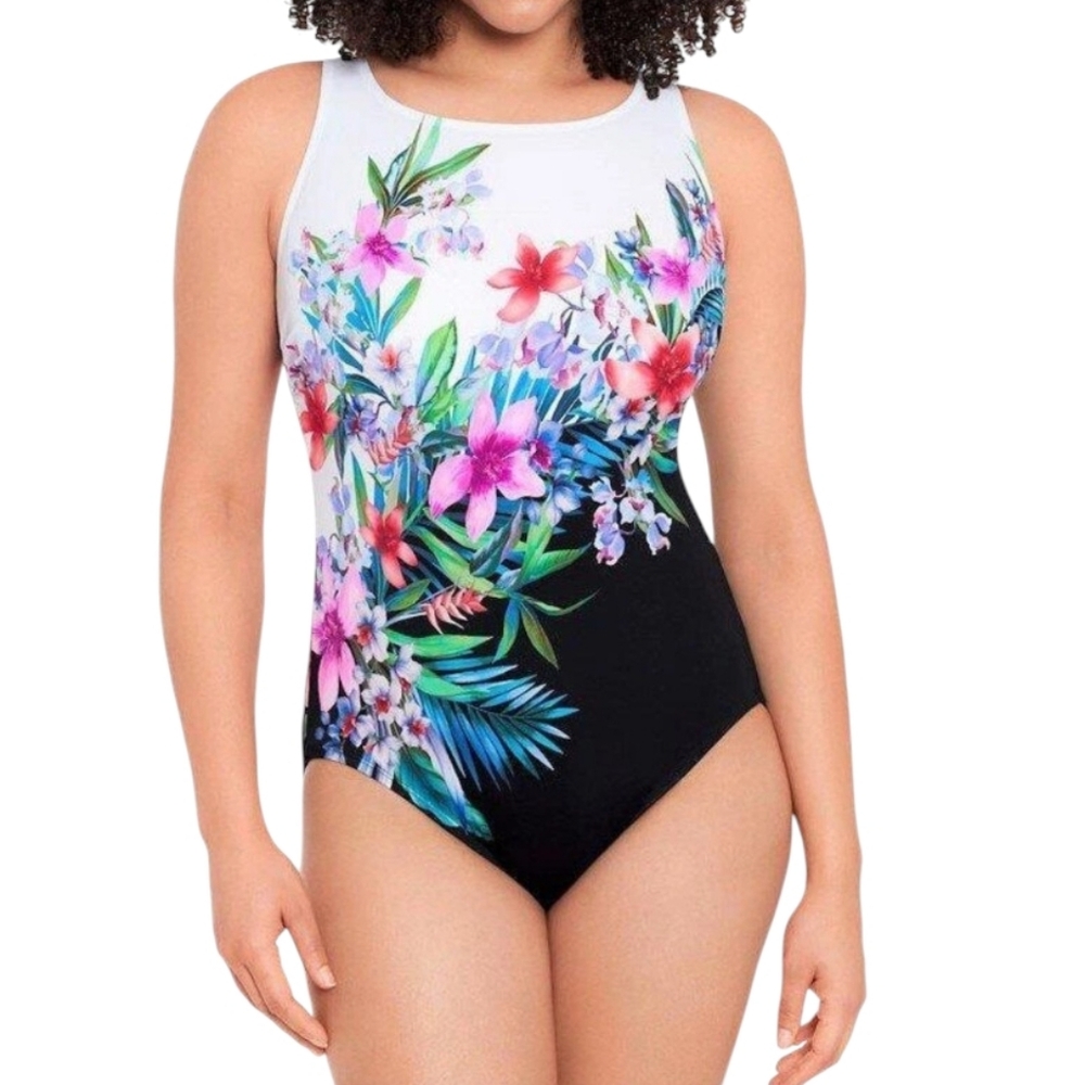 Longitude Black White Pink Floral Scoopback Highneck Long Torso One-Piece 22W
